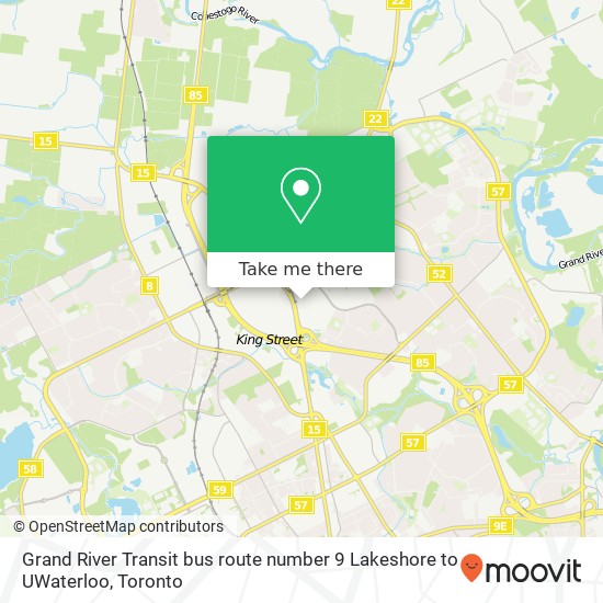 Grand River Transit bus route number 9 Lakeshore to UWaterloo map