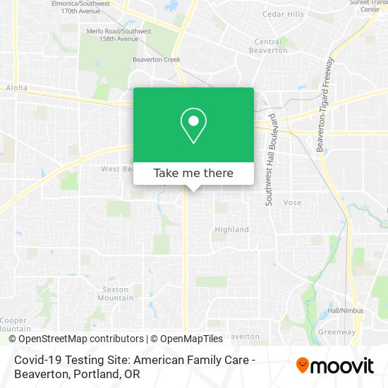 Mapa de Covid-19 Testing Site: American Family Care - Beaverton