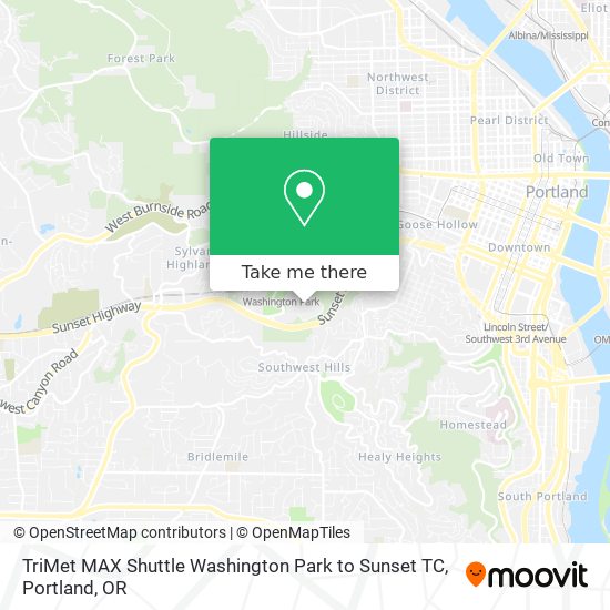 Mapa de TriMet MAX Shuttle Washington Park to Sunset TC