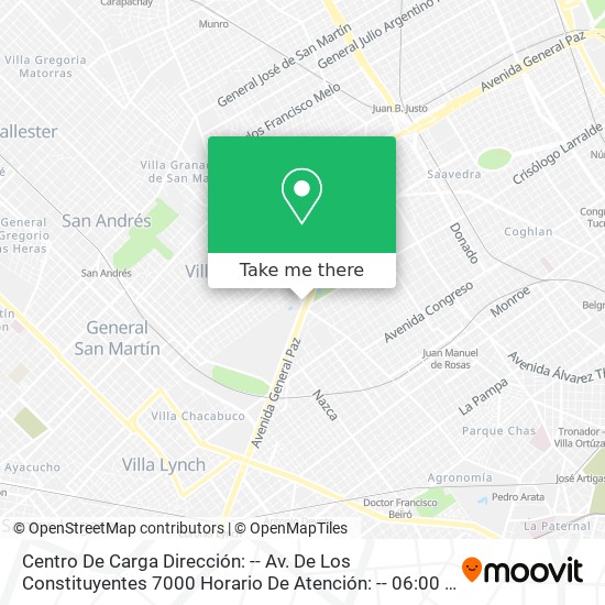 Mapa de Centro De Carga   Dirección: -- Av. De Los Constituyentes 7000    Horario De Atención: -- 06:00 A 14:00 Hs