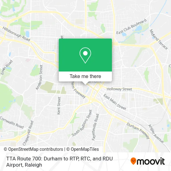 Mapa de TTA Route 700: Durham to RTP, RTC, and RDU Airport