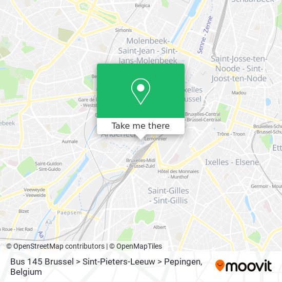 Bus 145 Brussel > Sint-Pieters-Leeuw > Pepingen map