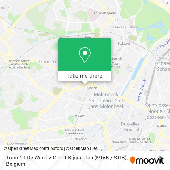 Tram 19 De Wand > Groot-Bijgaarden (MIVB / STIB) map