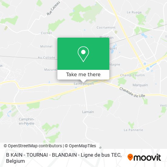 B KAIN - TOURNAI - BLANDAIN - Ligne de bus TEC map