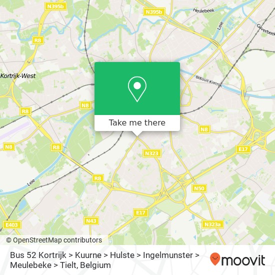 Bus 52 Kortrijk > Kuurne > Hulste > Ingelmunster > Meulebeke > Tielt plan