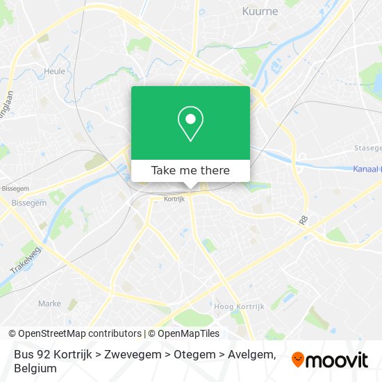 Bus 92 Kortrijk > Zwevegem > Otegem > Avelgem map