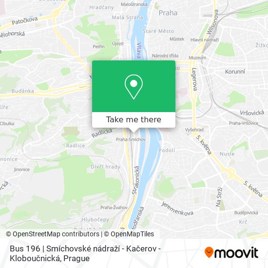 Карта Bus 196 | Smíchovské nádraží - Kačerov - Kloboučnická