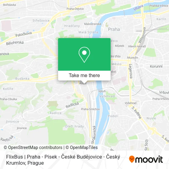Карта FlixBus | Praha - Písek - České Budějovice - Český Krumlov
