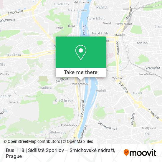 Карта Bus 118 | Sídliště Spořilov – Smíchovské nádraží
