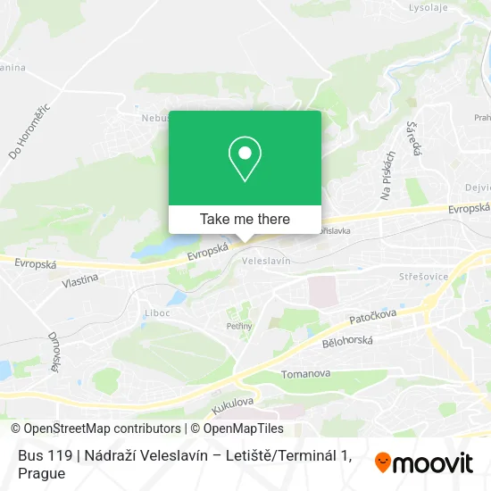 Карта Bus 119 | Nádraží Veleslavín – Letiště / Terminál 1