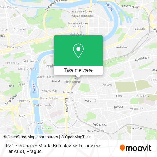 Карта R21 • Praha <> Mladá Boleslav <> Turnov (<> Tanvald)