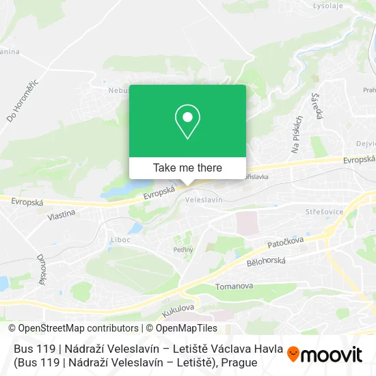 Карта Bus 119 | Nádraží Veleslavín – Letiště Václava Havla
