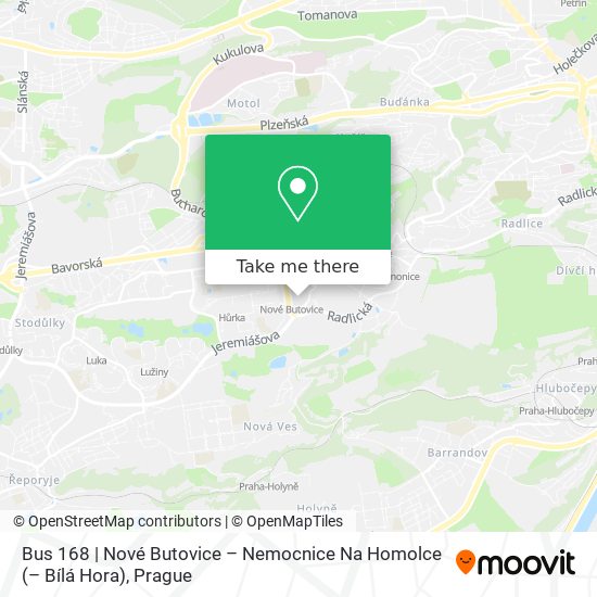Карта Bus 168 | Nové Butovice – Nemocnice Na Homolce (– Bílá Hora)
