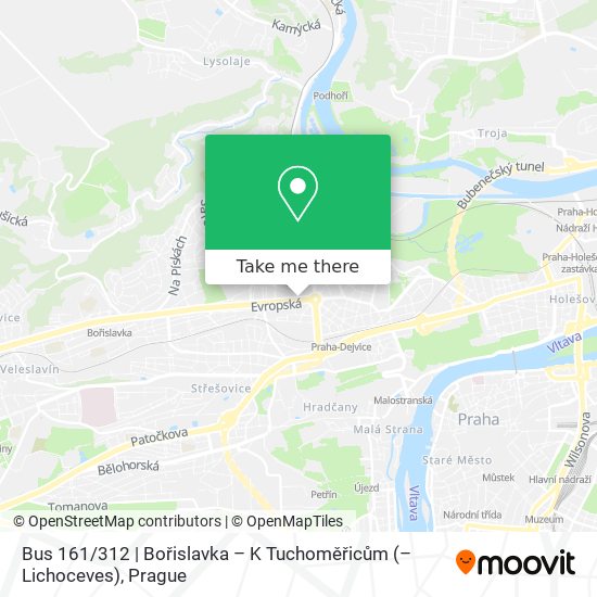Карта Bus 161 / 312 | Bořislavka – K Tuchoměřicům (– Lichoceves)