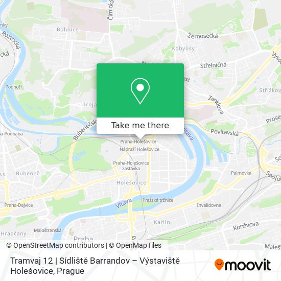 Карта Tramvaj 12 | Sídliště Barrandov – Výstaviště Holešovice