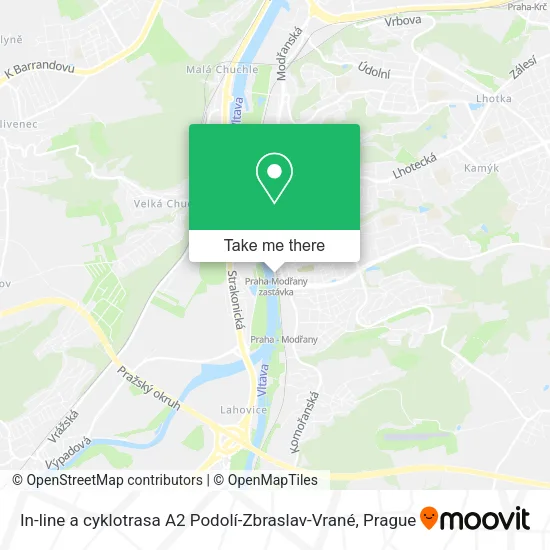 Карта In-line a cyklotrasa A2 Podolí-Zbraslav-Vrané