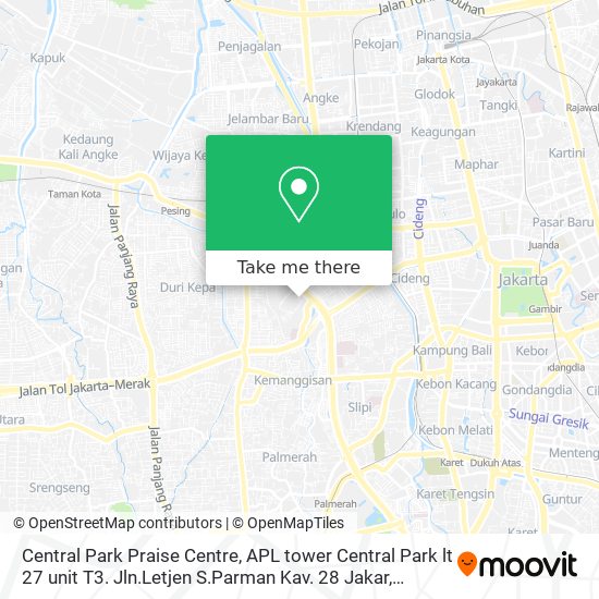 Central Park Praise Centre,
APL tower Central Park lt 27 unit T3. Jln.Letjen S.Parman Kav. 28 Jakar map