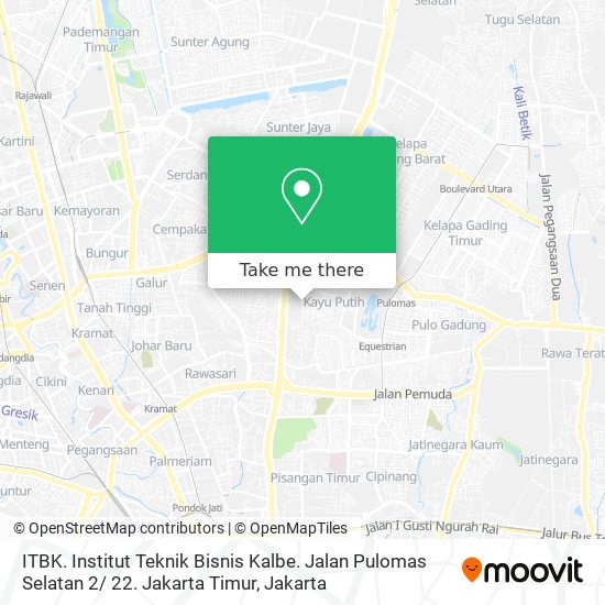 ITBK. Institut Teknik Bisnis Kalbe. Jalan Pulomas Selatan 2/ 22. Jakarta Timur map
