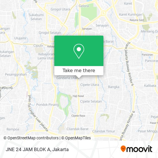 How to get to JNE 24 JAM BLOK A in Jakarta Selatan by Bus, Metro or Train?