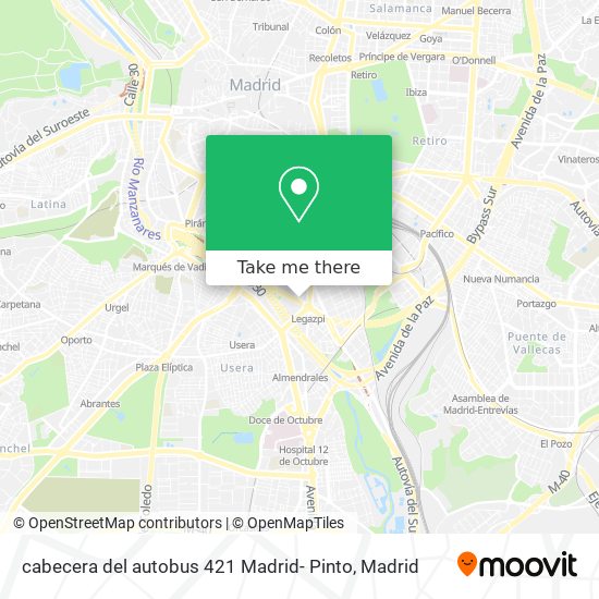 cabecera del autobus 421 Madrid- Pinto map