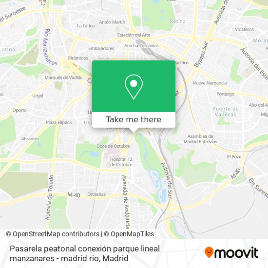 Pasarela peatonal conexión parque lineal manzanares - madrid rio map