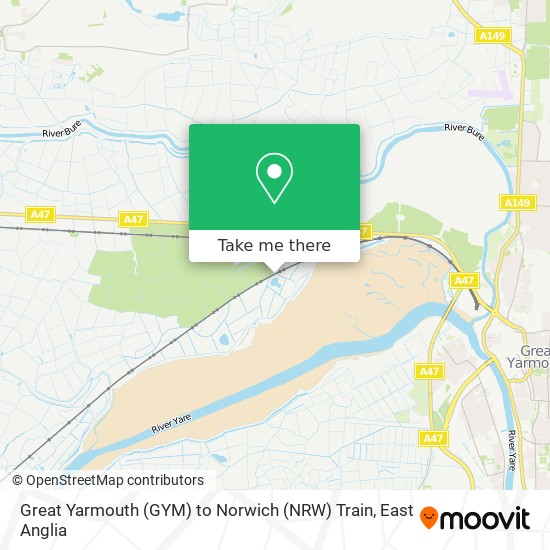 Great Yarmouth (GYM) to Norwich (NRW) Train map