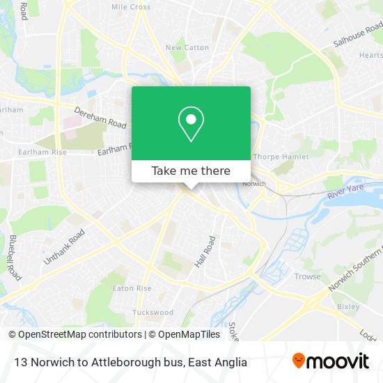 13 Norwich to Attleborough bus map