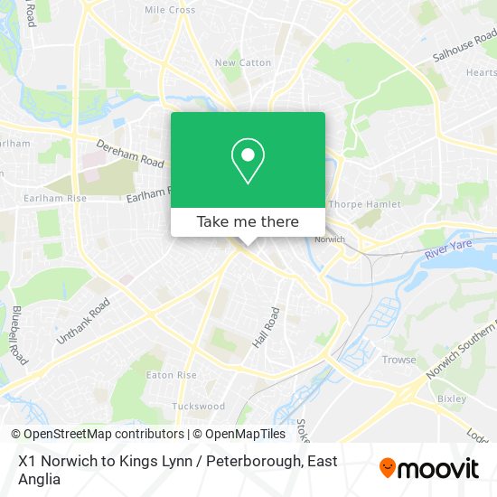 X1 Norwich to Kings Lynn / Peterborough map