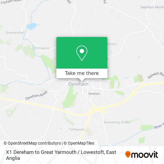 X1 Dereham to Great Yarmouth / Lowestoft map