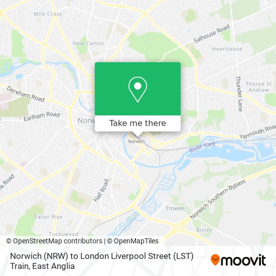 Norwich (NRW) to London Liverpool Street (LST) Train map