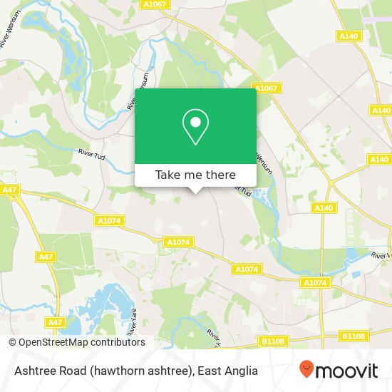 Ashtree Road (hawthorn ashtree), New Costessey Norwich map