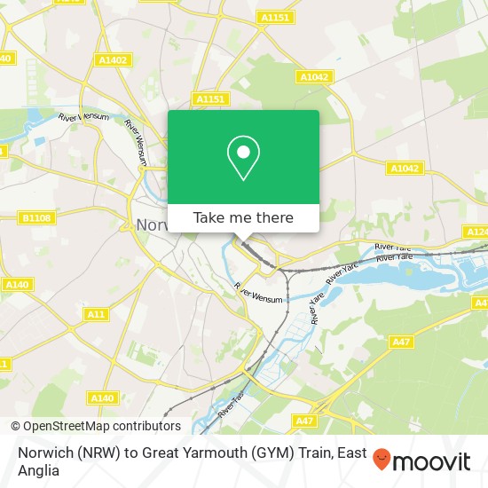 Norwich (NRW) to Great Yarmouth (GYM) Train map