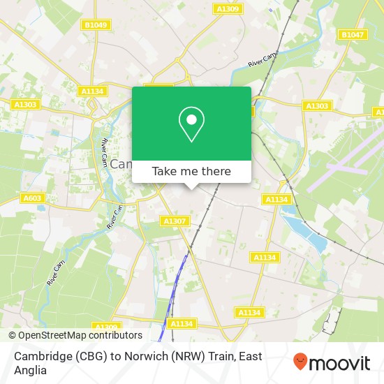 Cambridge (CBG) to Norwich (NRW) Train map