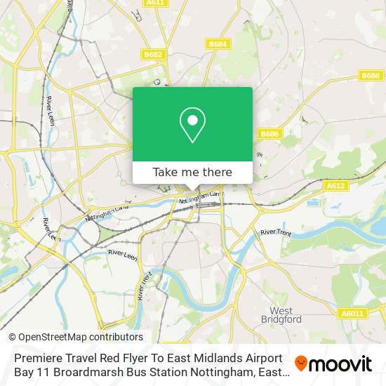 Premiere Travel Red Flyer To East Midlands Airport Bay 11 Broardmarsh Bus Station Nottingham map