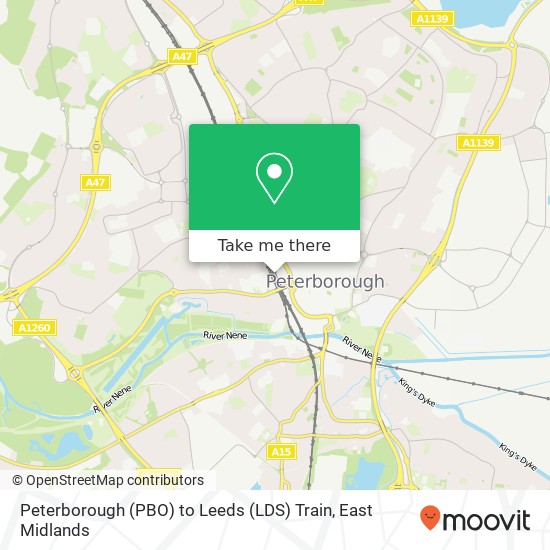 Peterborough (PBO) to Leeds (LDS) Train map
