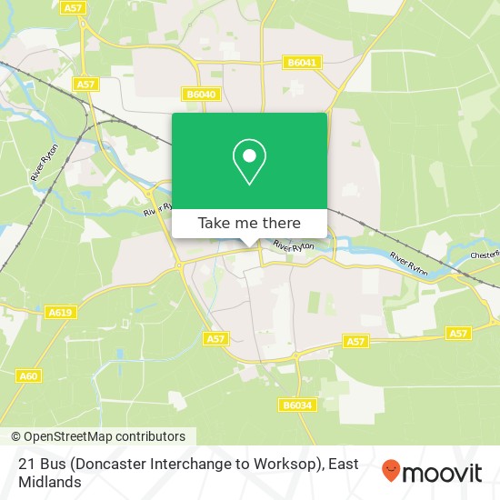 21 Bus (Doncaster Interchange to Worksop) map