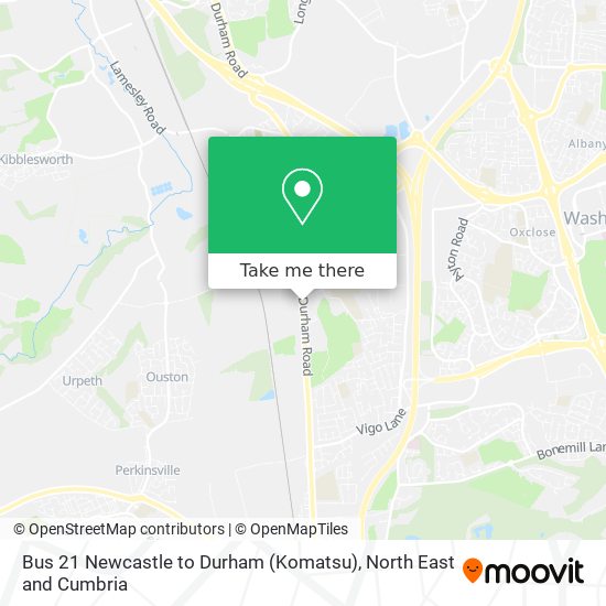 Bus 21 Newcastle to Durham (Komatsu) map