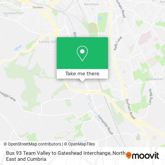 Bus 93 Team Valley to Gateshead Interchange map