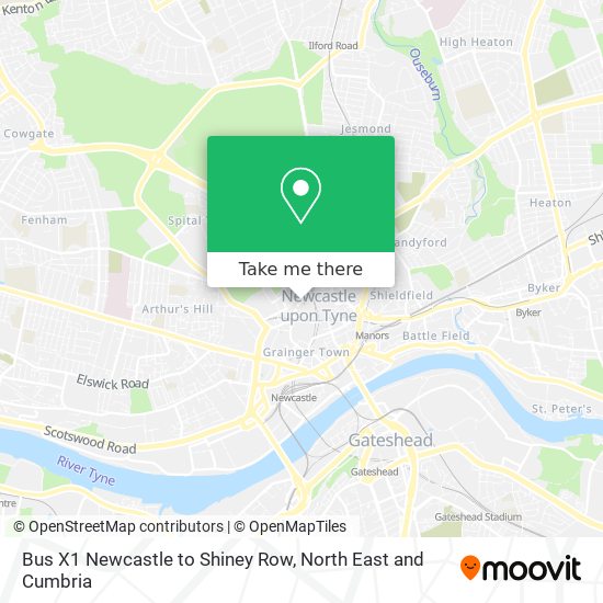 Bus X1 Newcastle to Shiney Row map