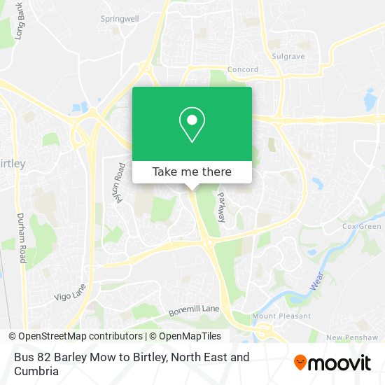 Bus 82 Barley Mow to Birtley map