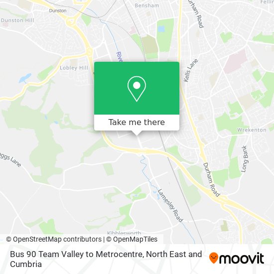 Bus 90 Team Valley to Metrocentre map