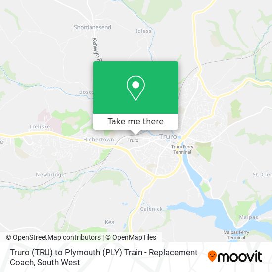 Truro (TRU) to Plymouth (PLY) Train - Replacement Coach map