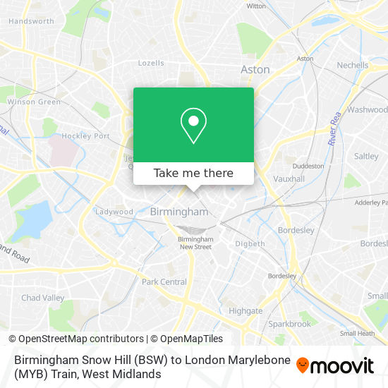 Birmingham Snow Hill (BSW) to London Marylebone (MYB) Train map