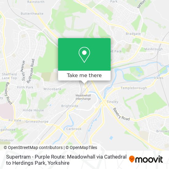 Supertram - Purple Route: Meadowhall via Cathedral to Herdings Park map
