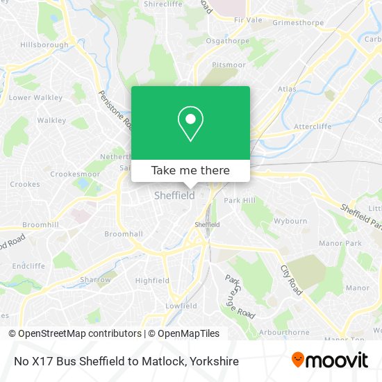 No X17 Bus Sheffield to Matlock map