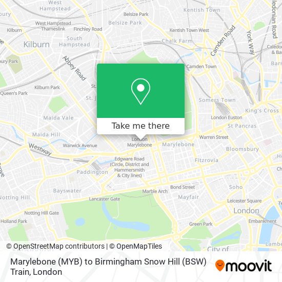 Marylebone (MYB) to Birmingham Snow Hill (BSW) Train map