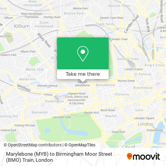 Marylebone (MYB) to Birmingham Moor Street (BMO) Train map