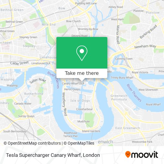 Tesla Supercharger Canary Wharf map