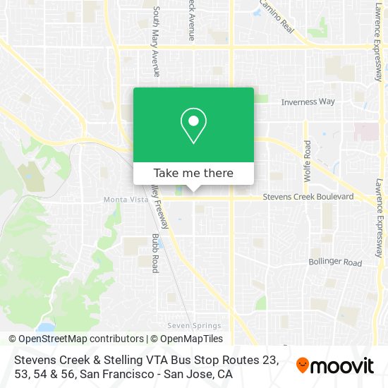 Stevens Creek & Stelling VTA Bus Stop Routes 23, 53, 54 & 56 map