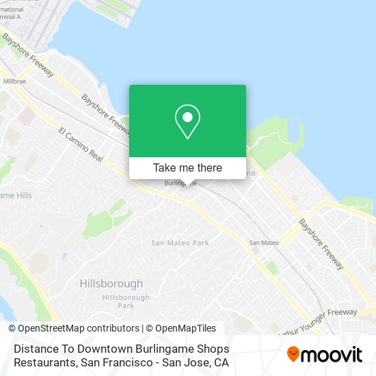 Mapa de Distance To Downtown Burlingame Shops Restaurants